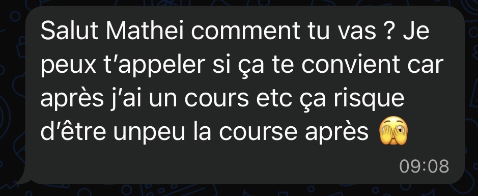 Message d'un client : il propose d'appeler pour avancer ensemble