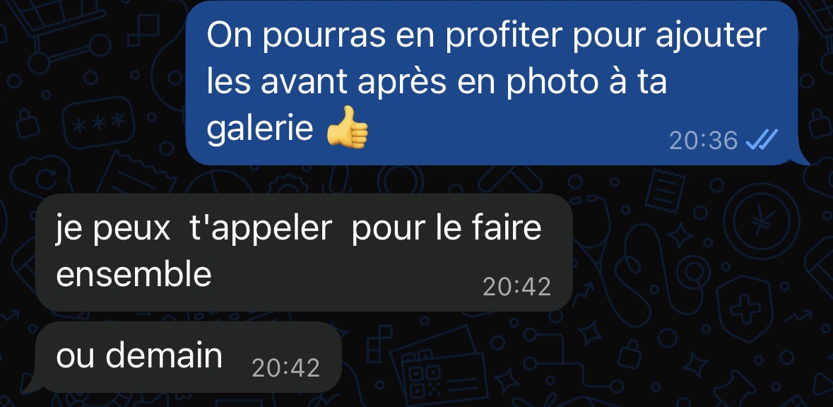 Message d'un client : il propose d'appeler pour ajouter les avant après à sa galerie