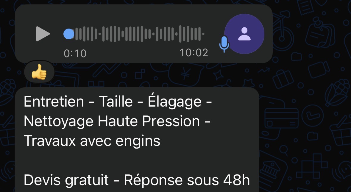 Message d'un client : entretien, taille, élagage, nettoyage haute pression, devis gratuit