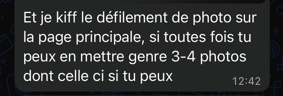 Message d'un client paysagiste : il aime le défilement de photos sur sa page principale