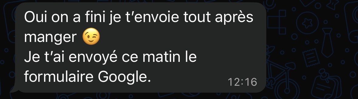 Message d'un client : chantier terminé, il envoie les photos après manger